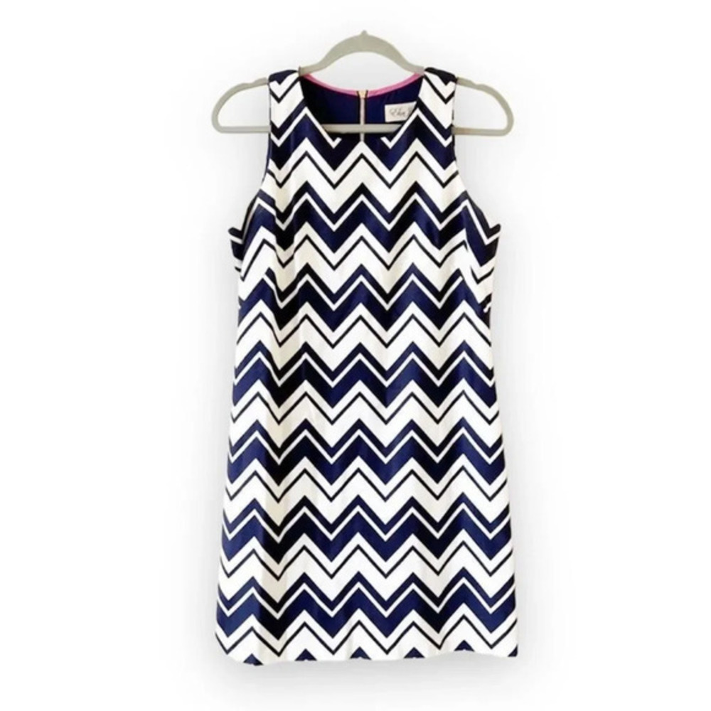Eliza J Navy White Chevron Print Sheath Dress Size 4 Linen Blend Preppy Summer